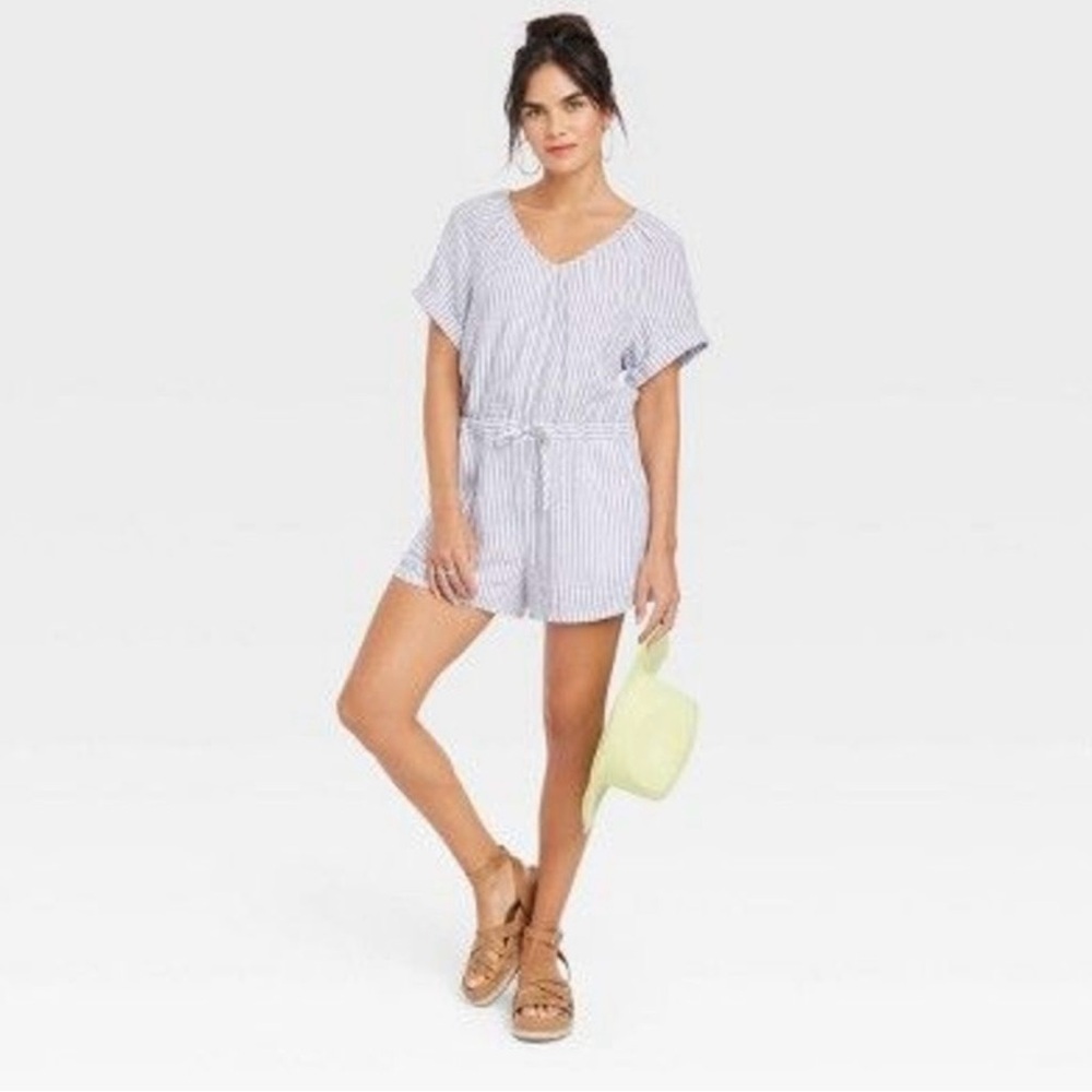 Blue and white pinstripe romper.